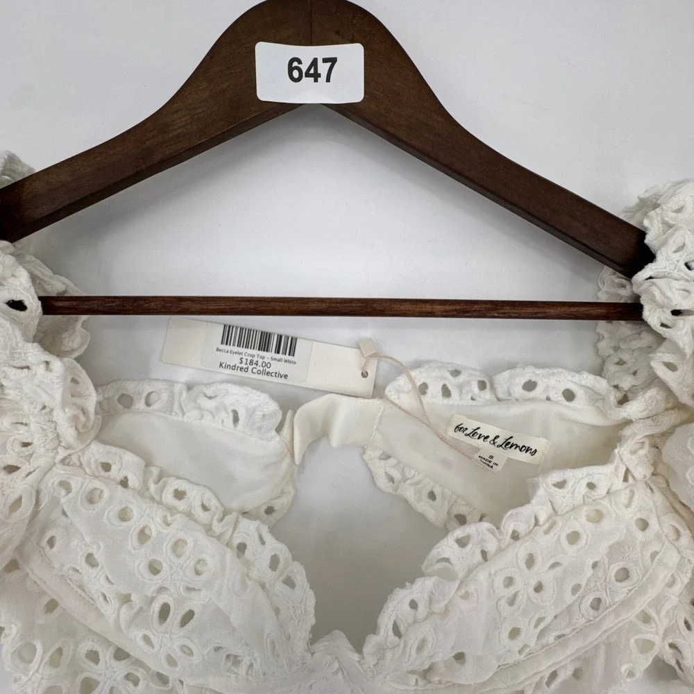 For Love‎ & Lemons Becca Eyelet Crop Top Womens Small White Bustier Puff Sleeve